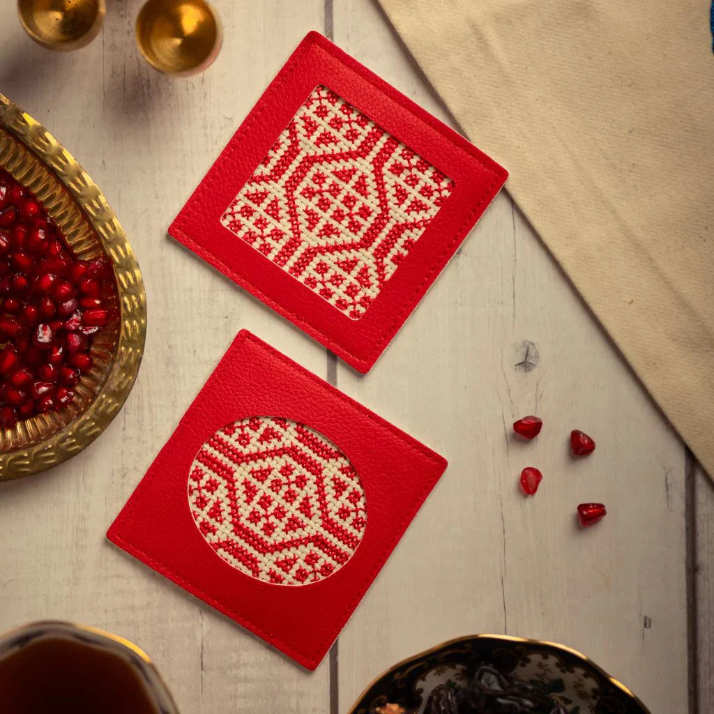 Hand-Made Embroidery Tatreez Coaster - Red (2pc Set)