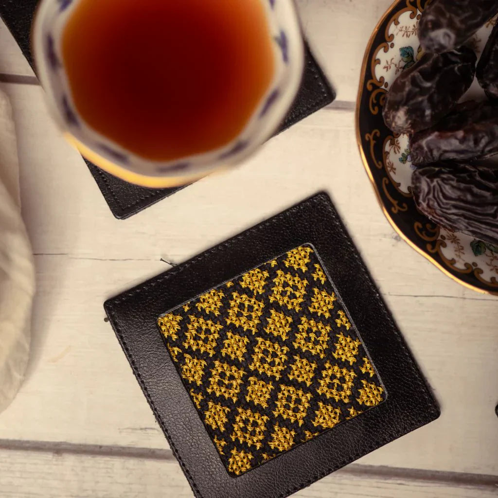 Hand-Made Embroidery Tatreez Coaster - Gold (2pc Set)