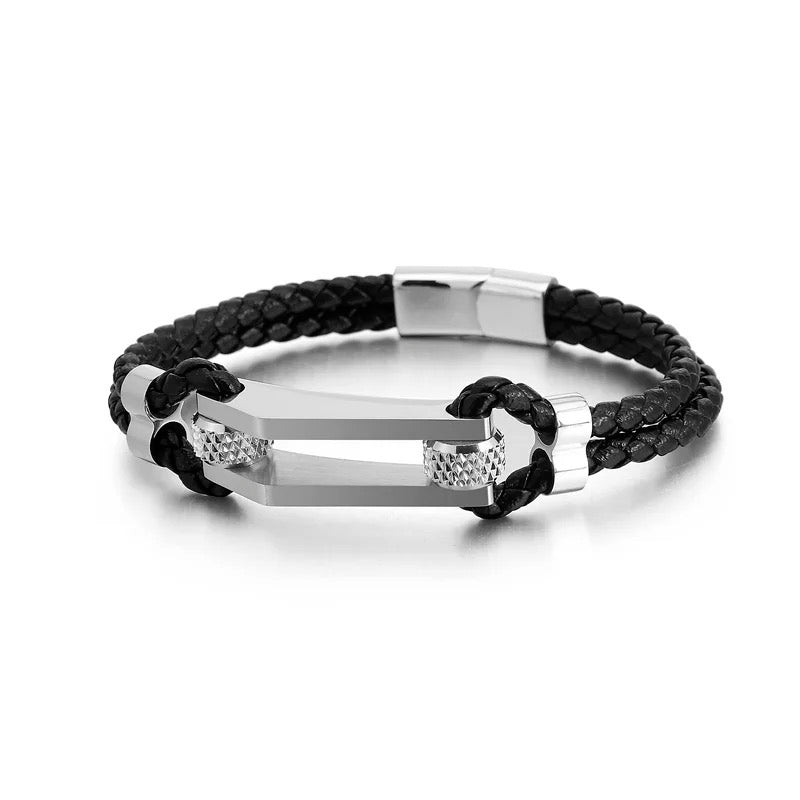 Mens Genuine Leather Stainless Steel Magnetic Clasps Bracelet