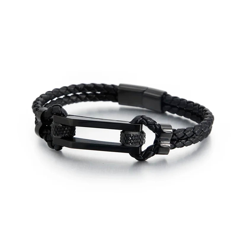 Mens Genuine Leather Stainless Steel Magnetic Clasps Bracelet