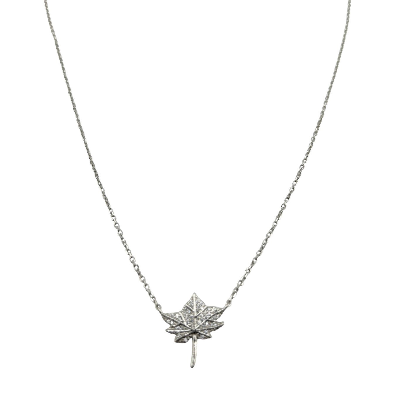 Sterling Silver CZ Maple Leaf Womens Necklace