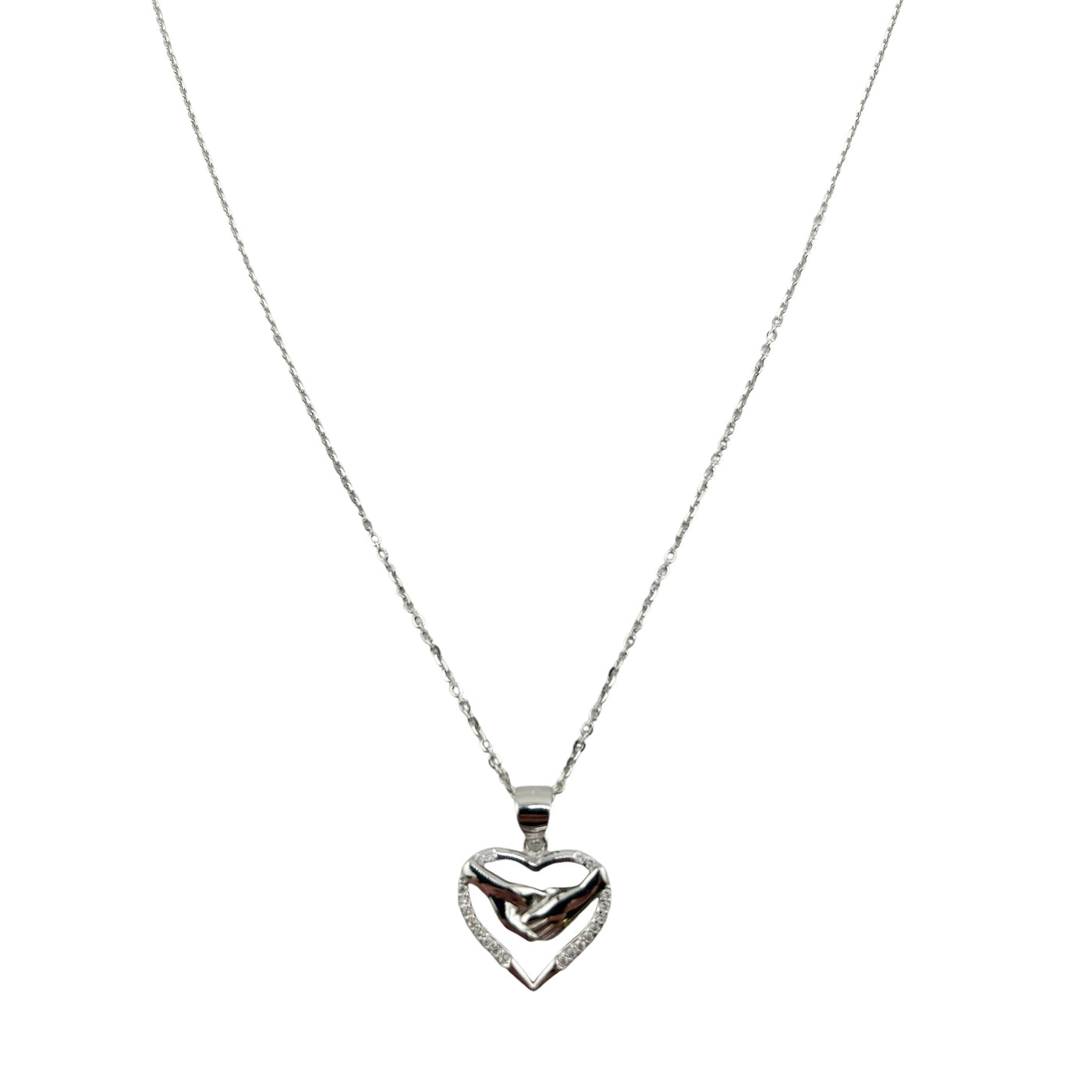 Sterling Silver CZ Heart Engagement Hands Womens Necklace