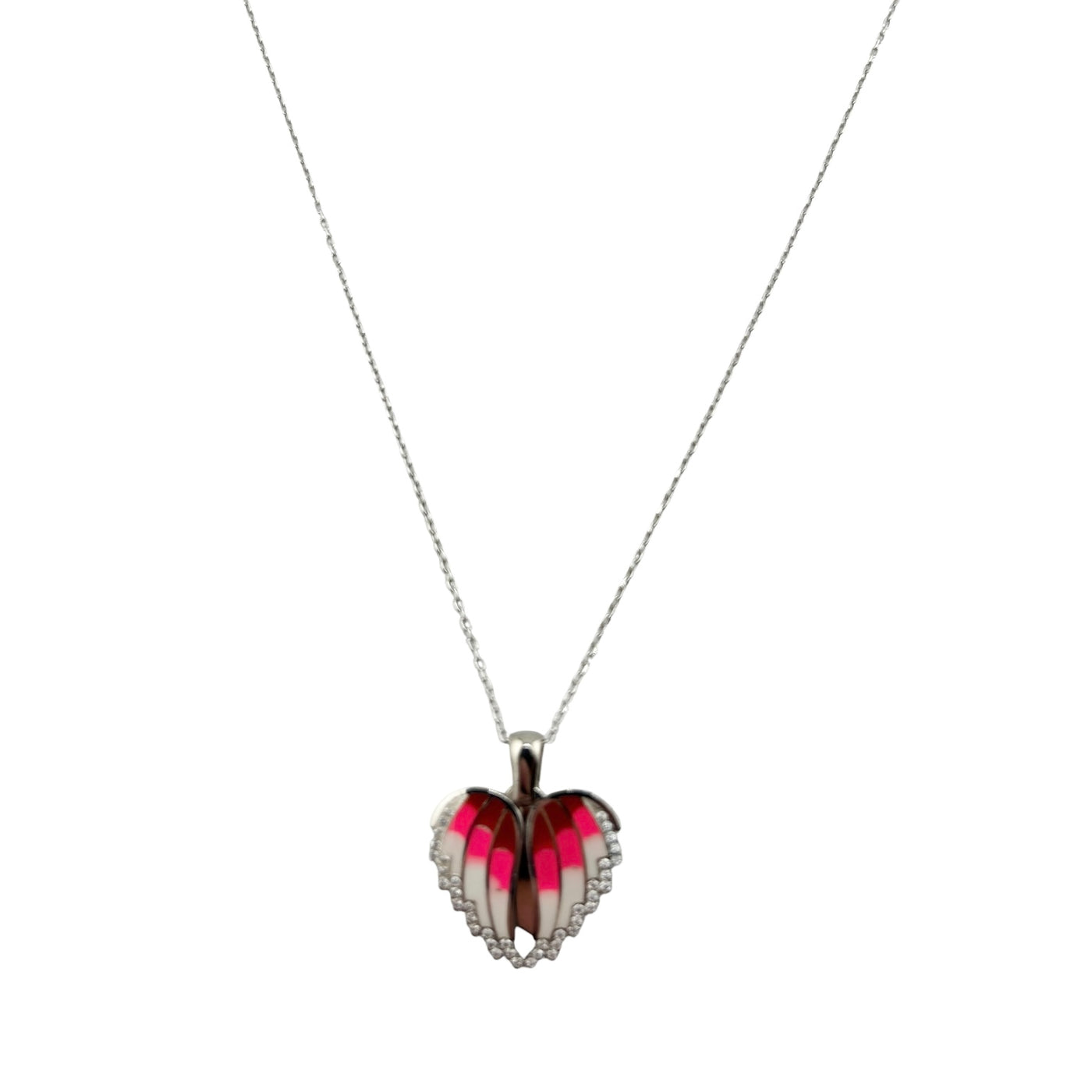 Sterling Silver CZ Pink Heart Wings Womens Necklace