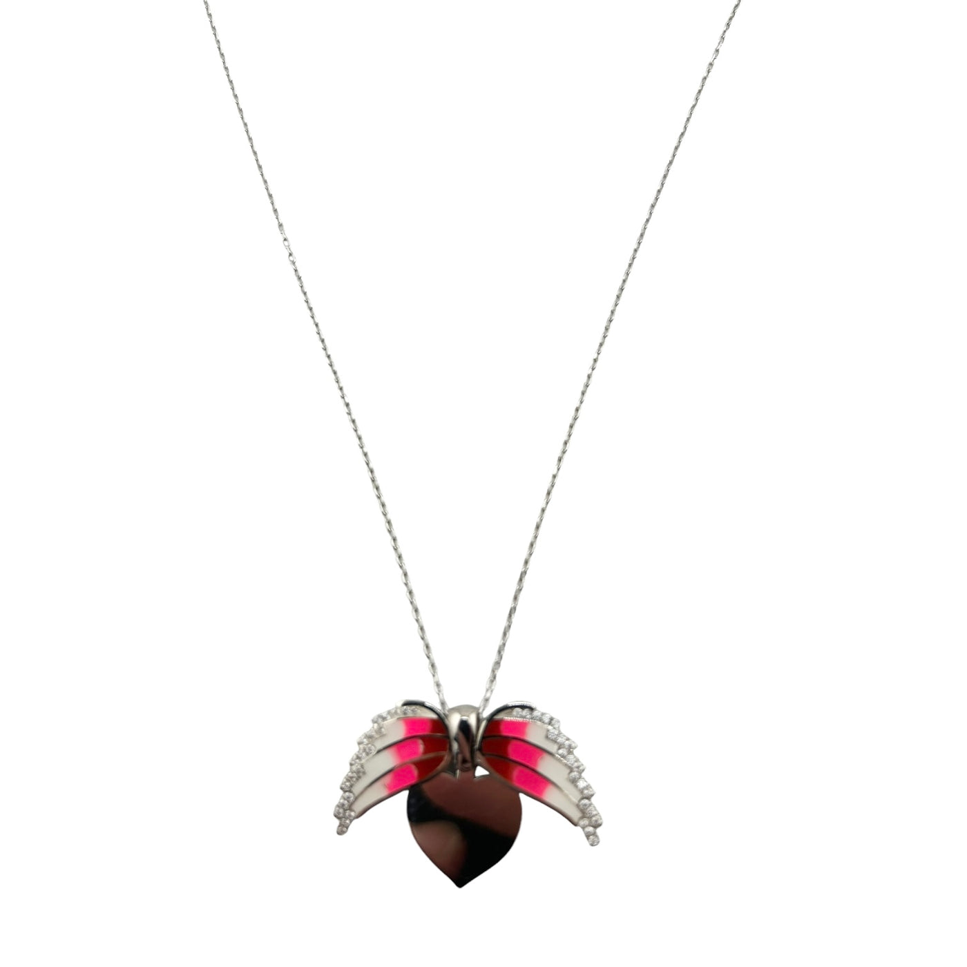 Sterling Silver CZ Pink Heart Wings Womens Necklace