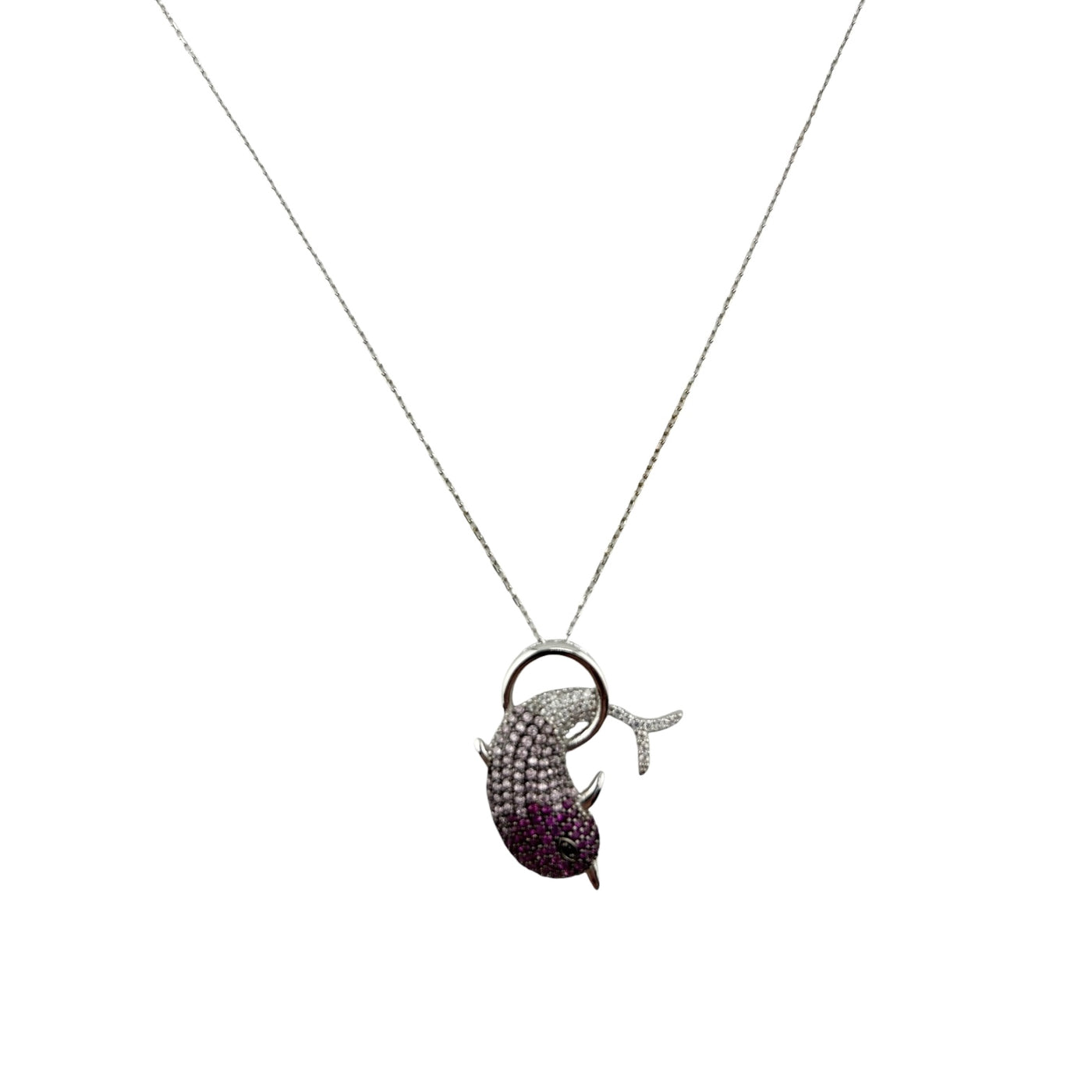 Sterling Silver CZ Pink Dolphin Womens Necklace