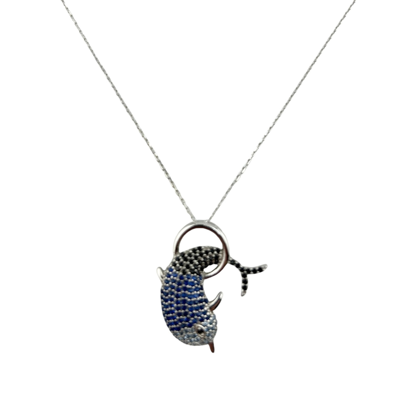 Sterling Silver CZ Blue & Black Dolphin Womens Necklace