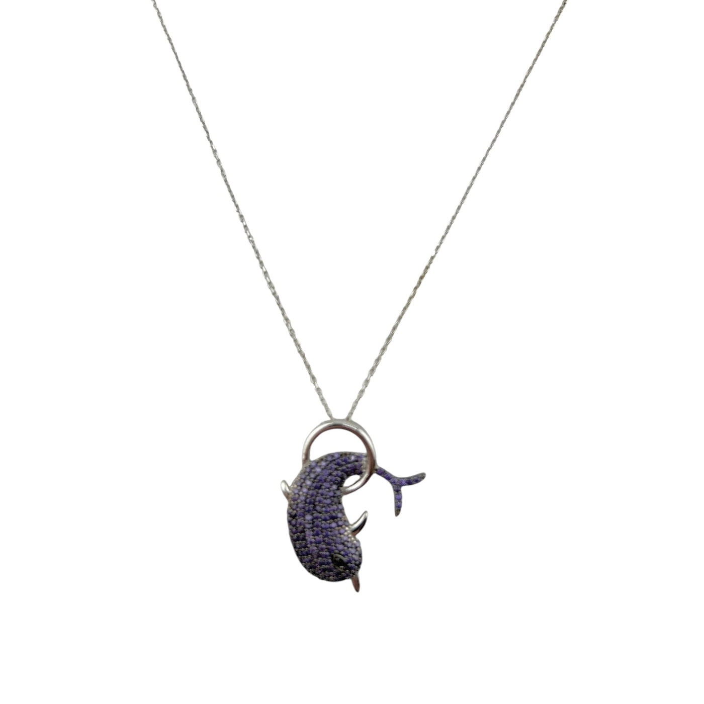 Sterling Silver CZ Purple Dolphin Womens Necklace