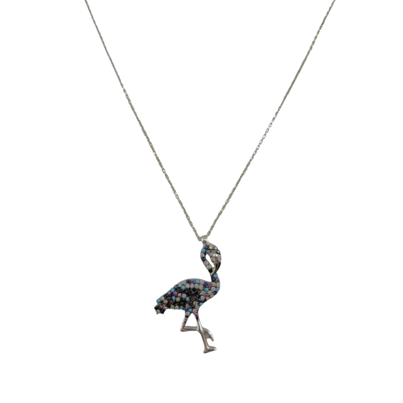 Sterling Silver CZ Multicolor Flamingo Womens Necklace