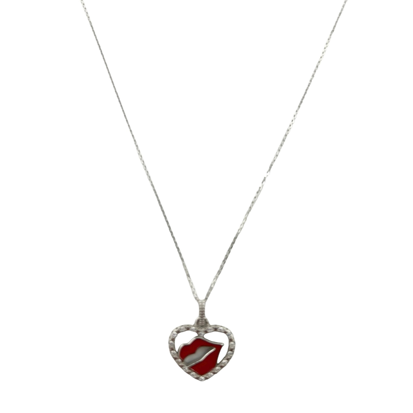 Sterling Silver CZ Heart & Lips Womens Necklace