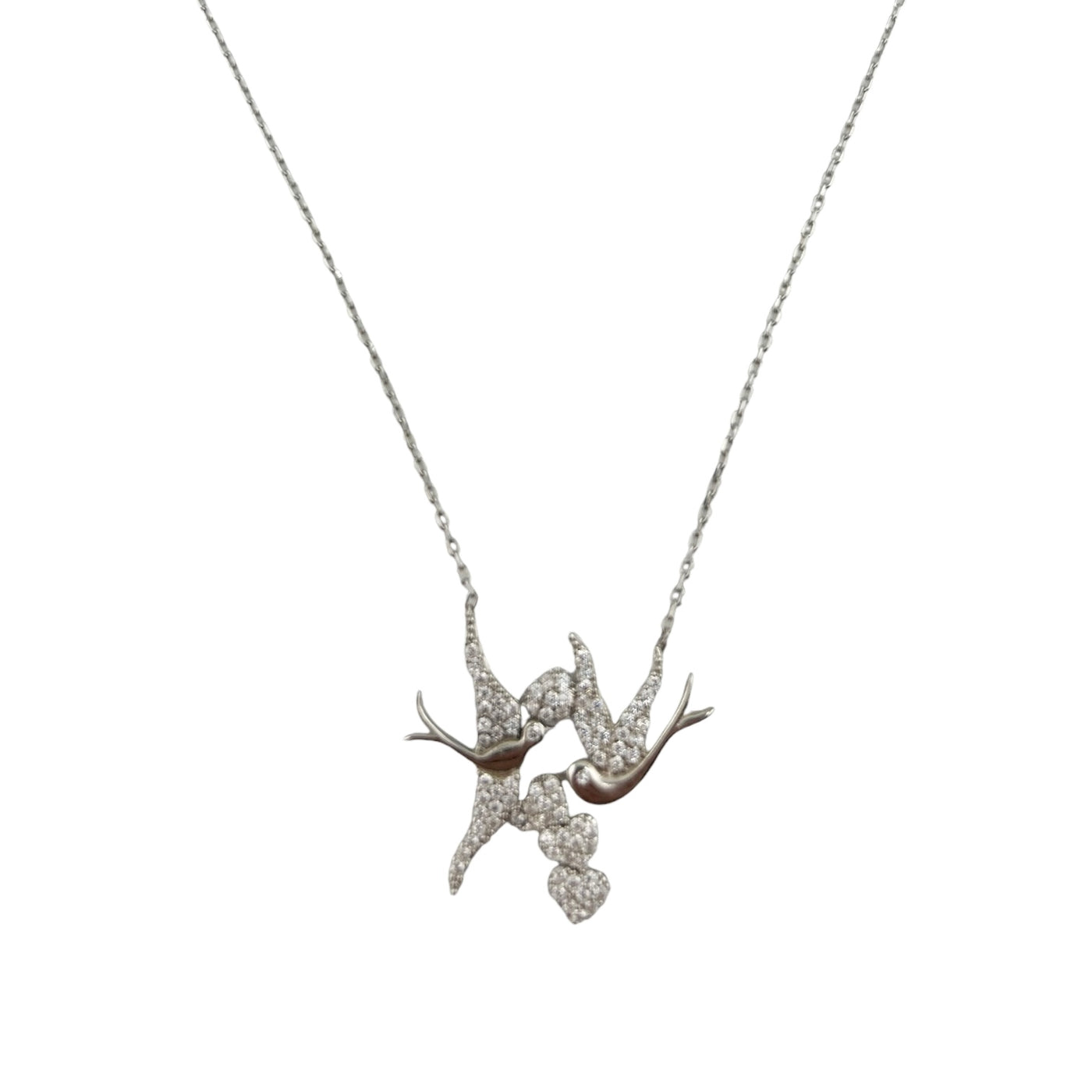 Sterling Silver CZ Birds & Hearts Womens Necklace