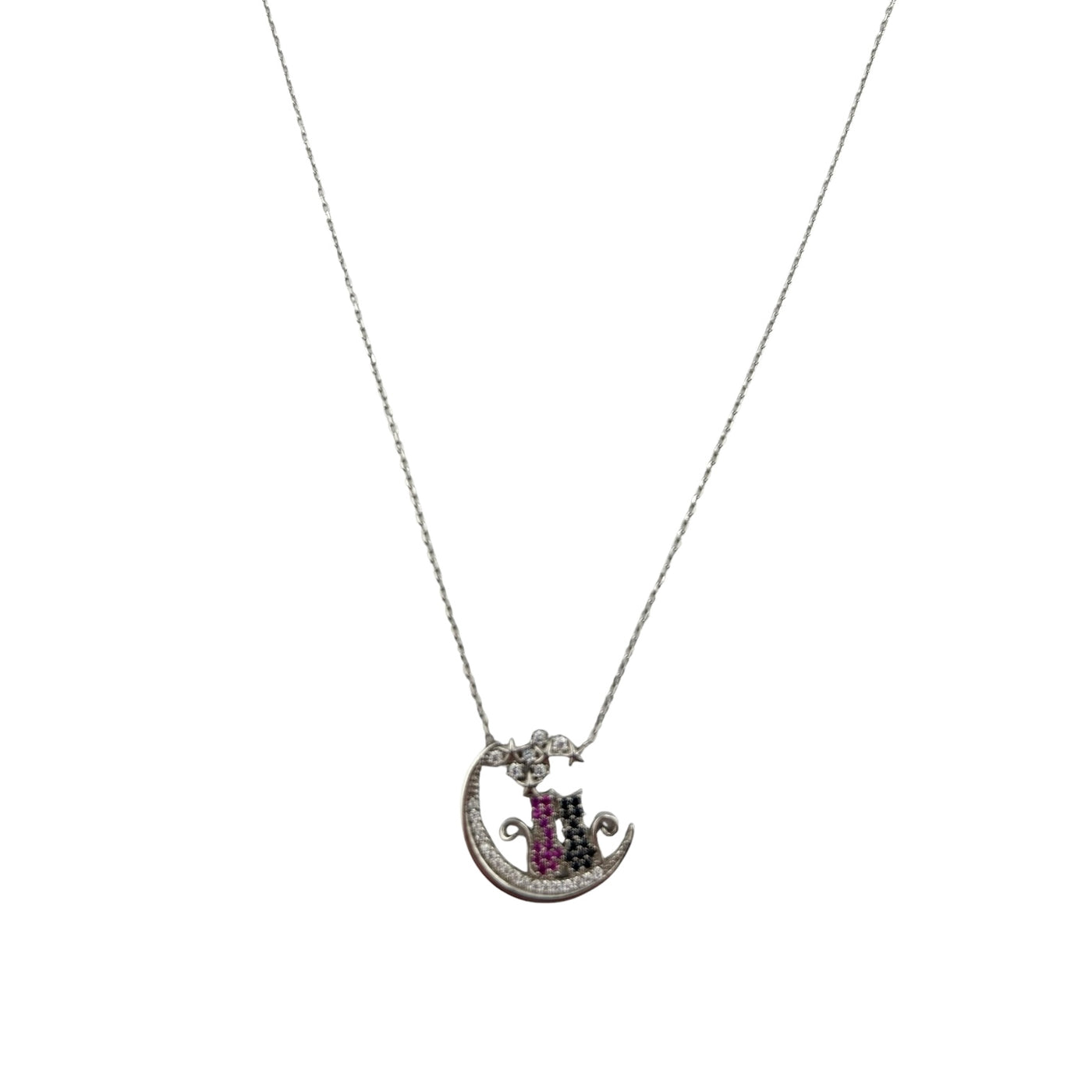 Sterling Silver CZ Cats & Crescent Womens Necklace