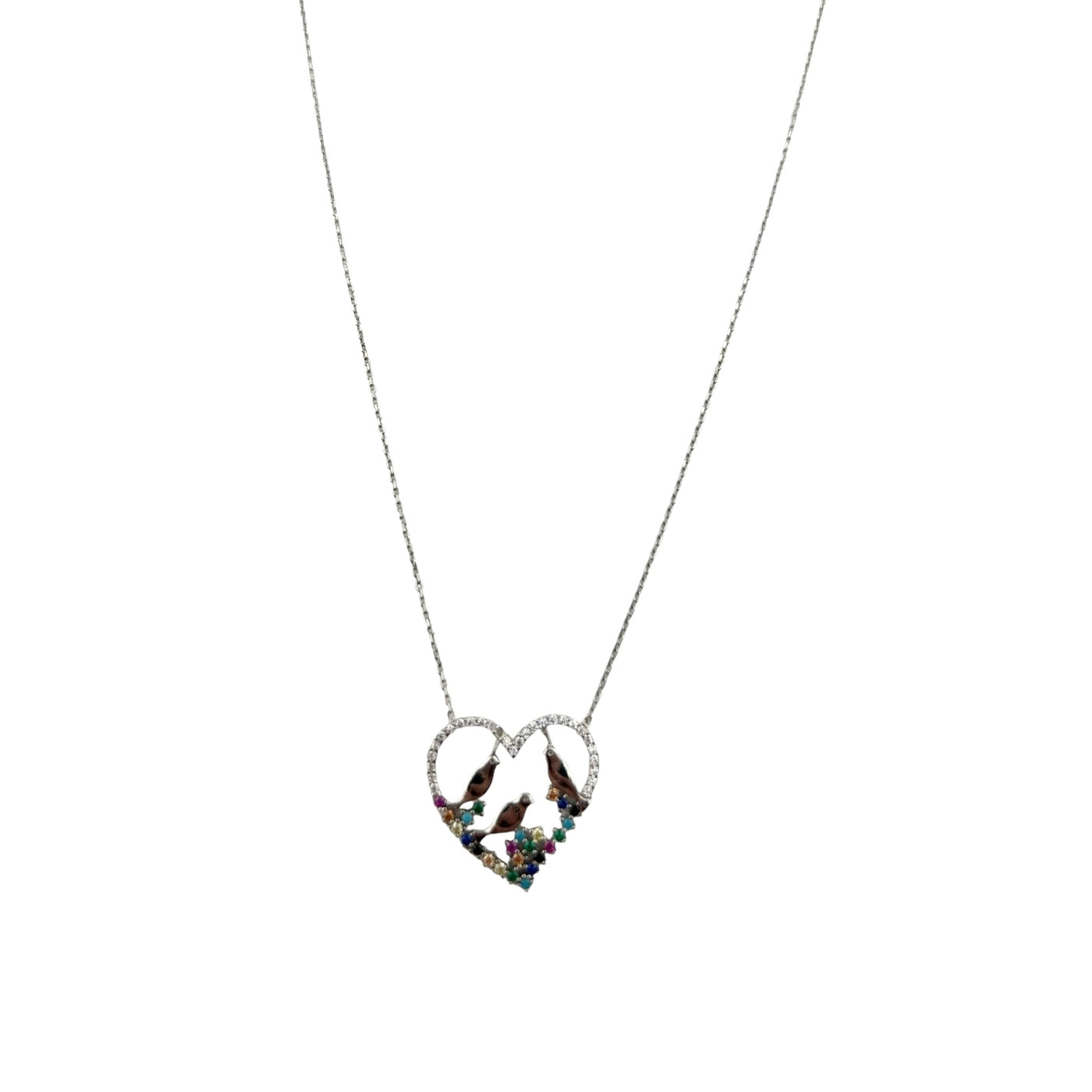 Sterling Silver CZ Multicolor Birds & Heart Womens Necklace