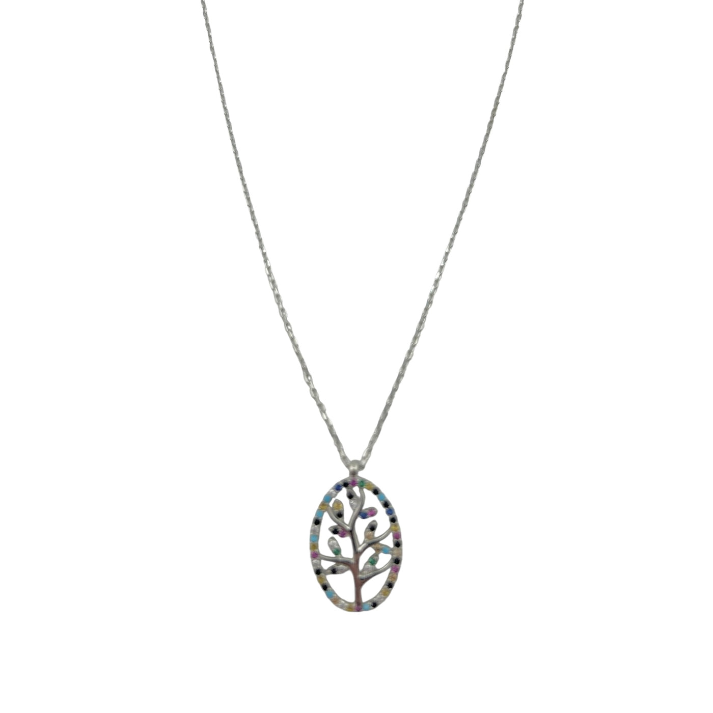 Sterling Silver CZ Multicolor Tree of Life Womens Necklace