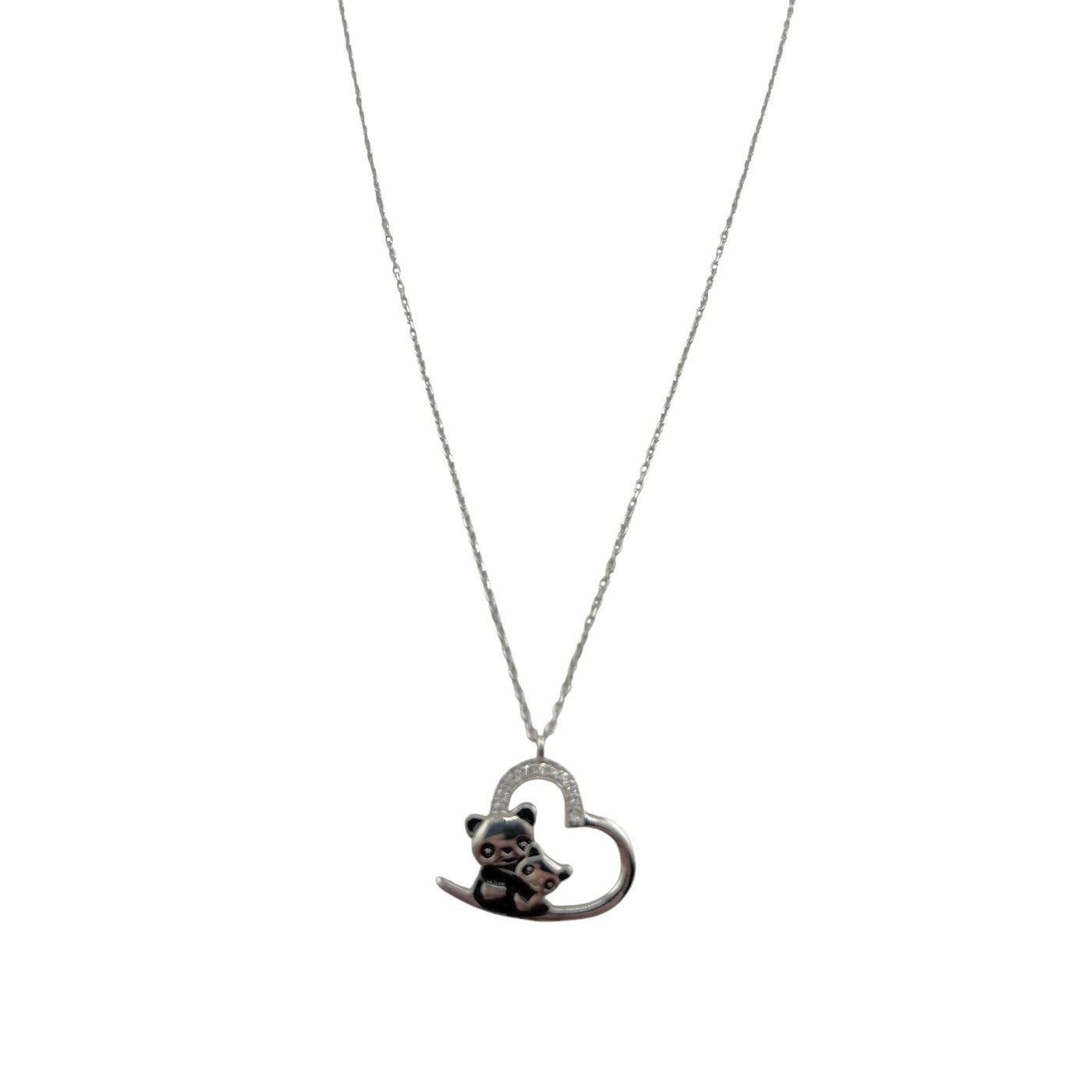 Sterling Silver CZ Panda Heart Womens Necklace