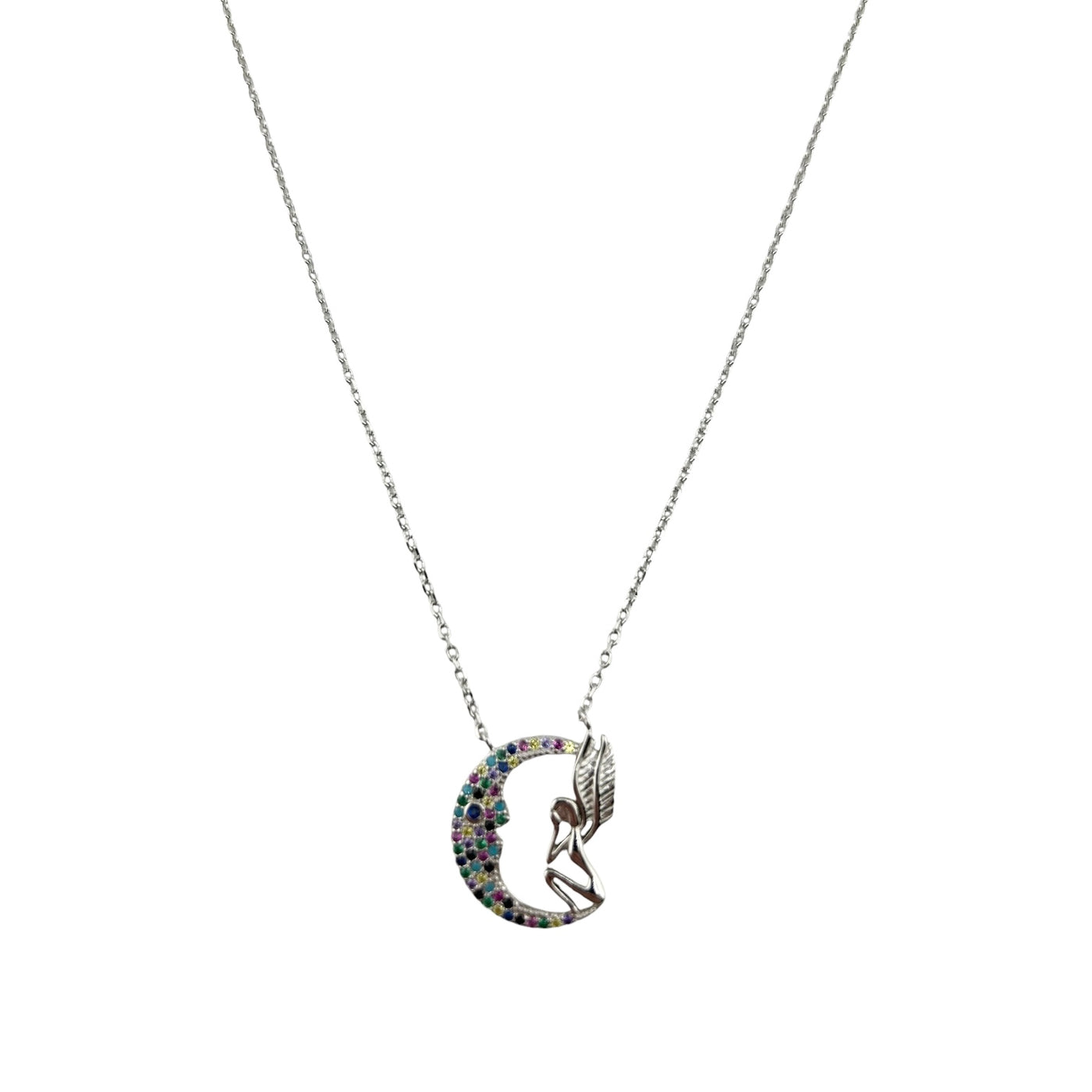 Sterling Silver CZ Multicolor Fairy Crescent Womens Necklace