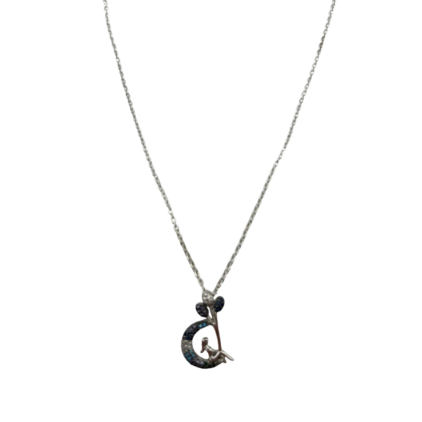 Sterling Silver CZ Fairy Crescent Womens Necklace