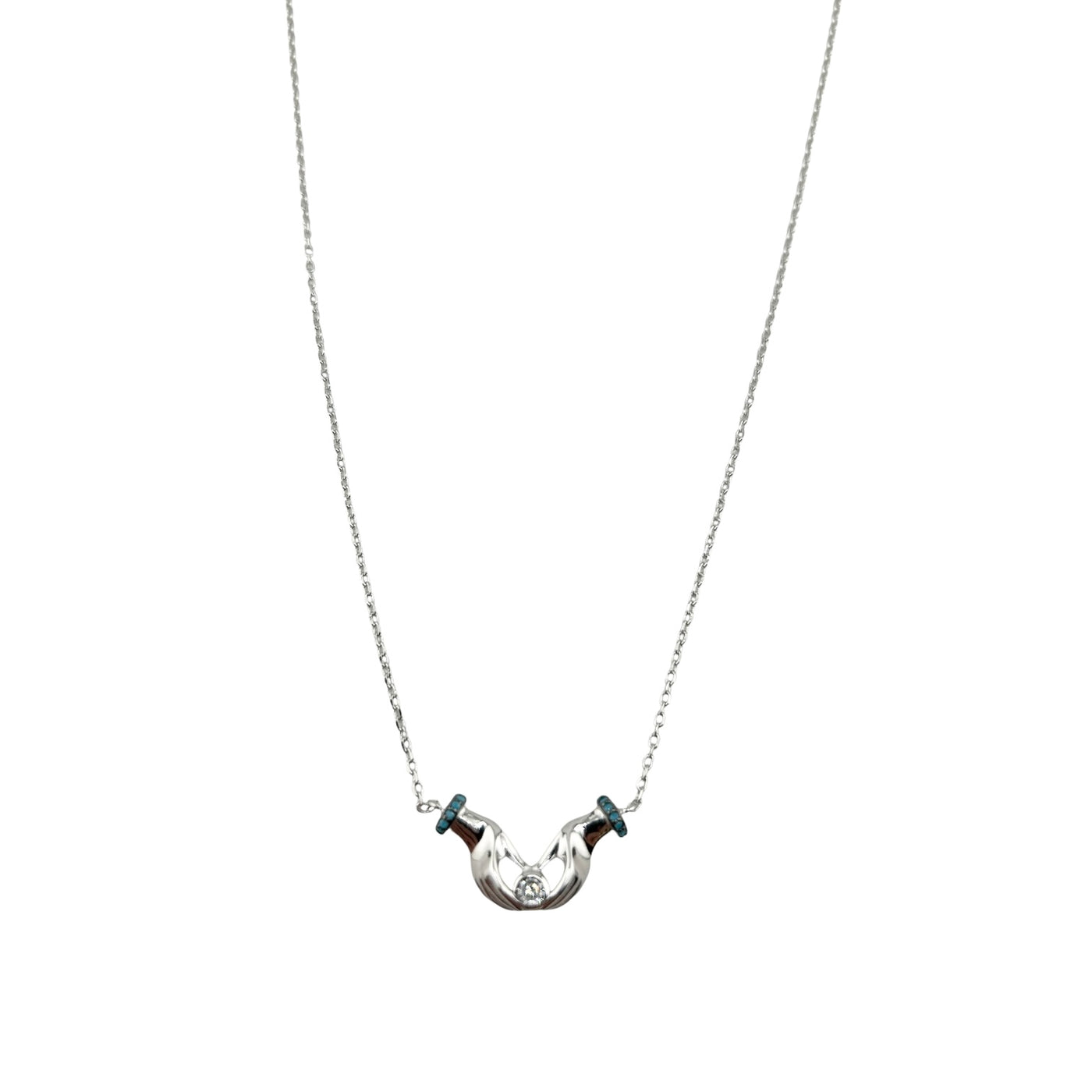 Sterling Silver CZ Turquoise Hands Womens Necklace