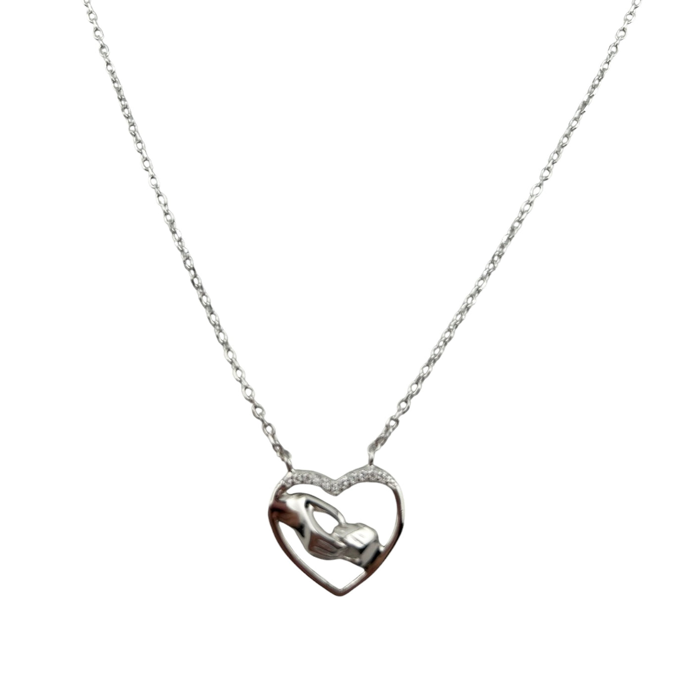 Sterling Silver CZ Heart Hands Womens Necklace