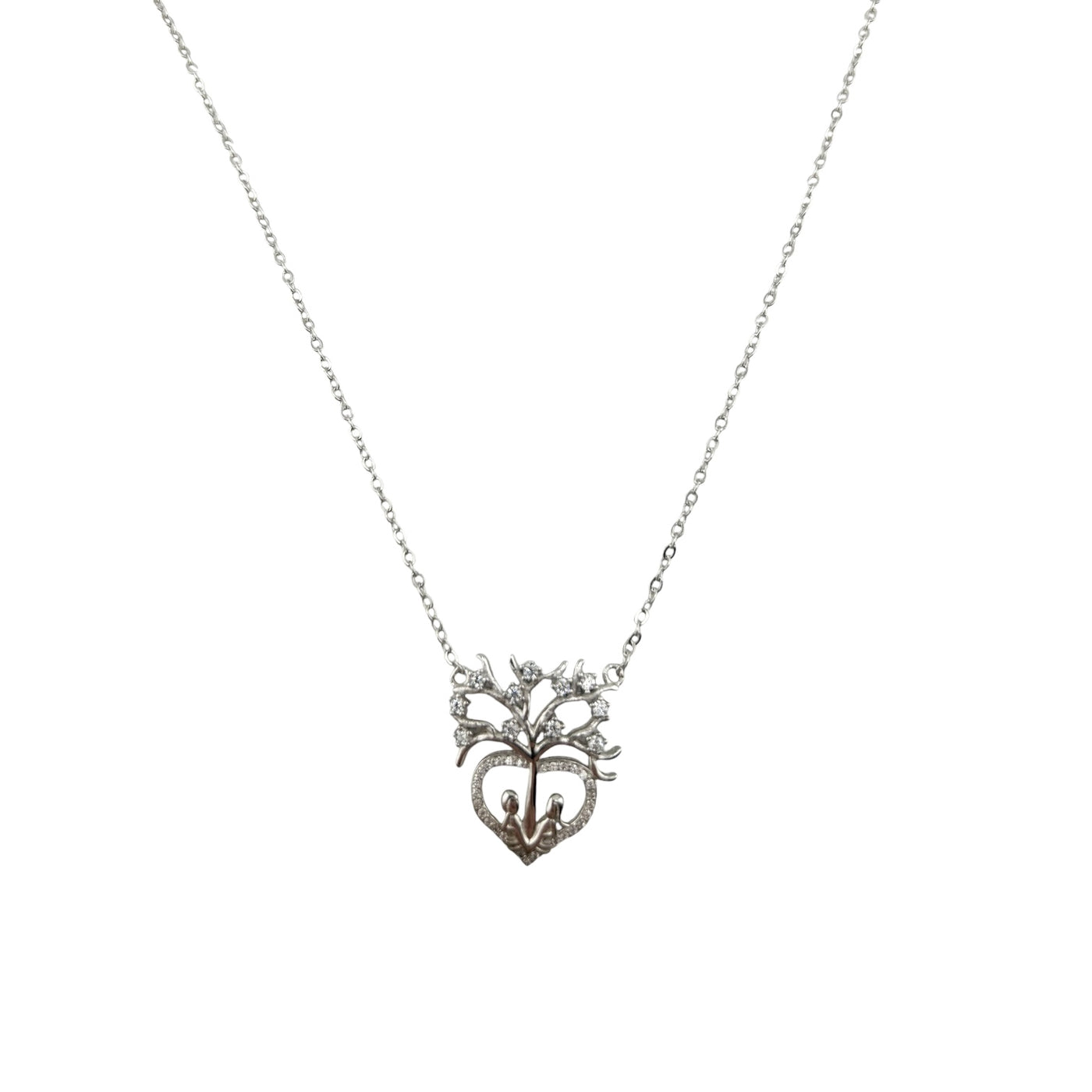 Sterling Silver CZ Heart Tree Womens Necklace