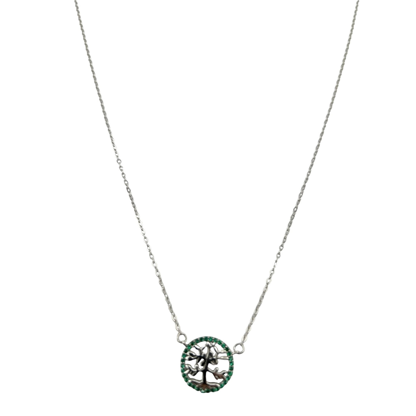 Sterling Silver CZ Green Tree of Life Womens Necklace