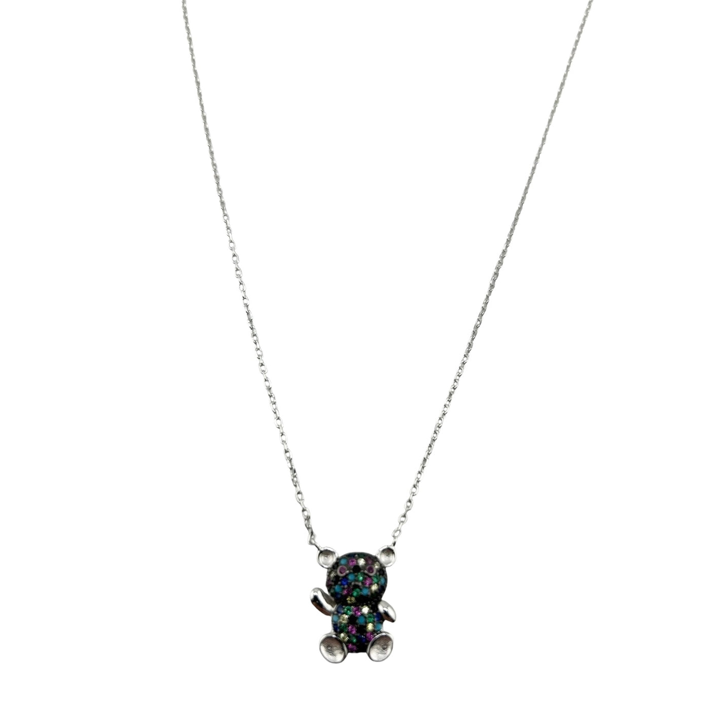 Sterling Silver CZ Multicolor Teddy Bear Womens Necklace