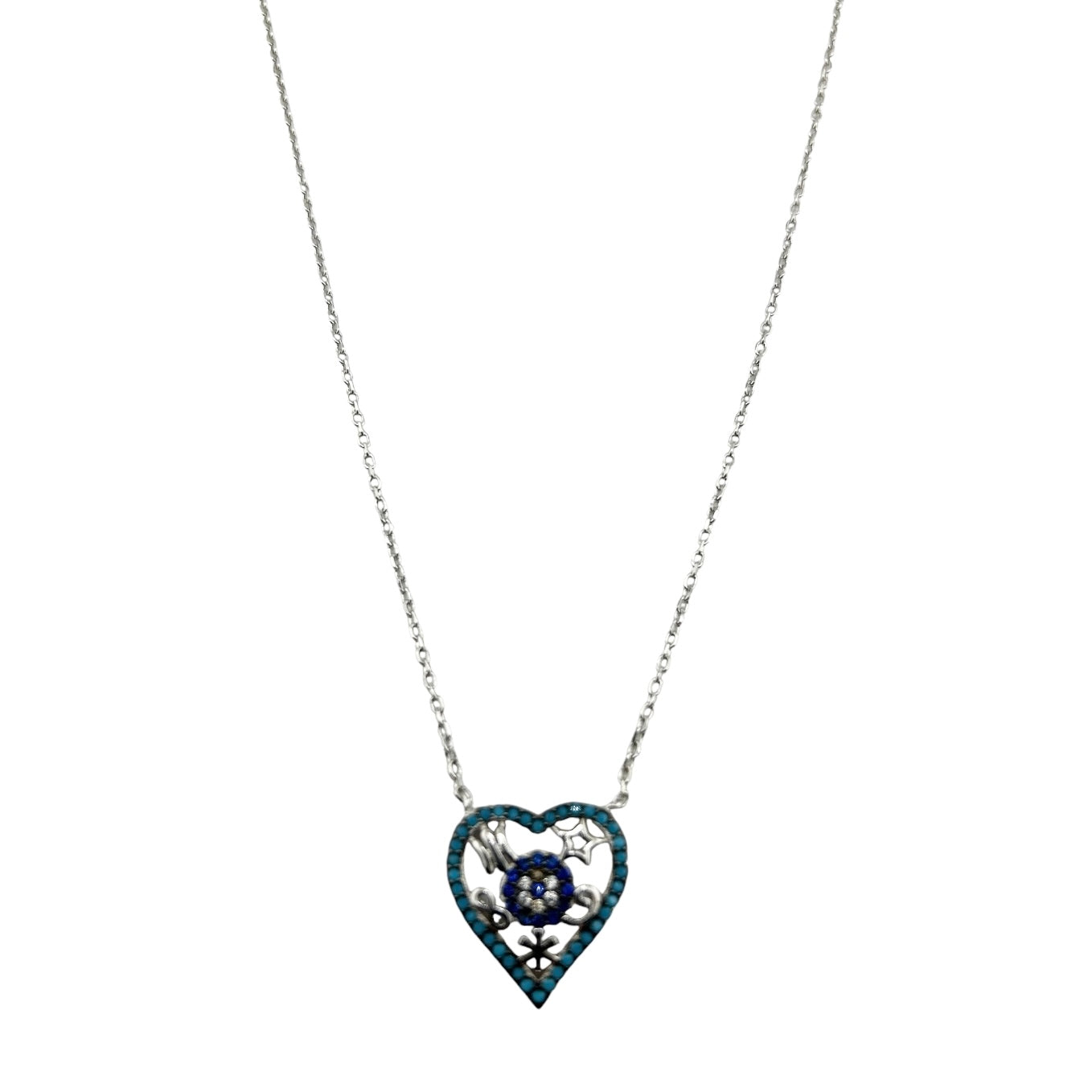 Sterling Silver CZ Turquoise Heart Womens Necklace