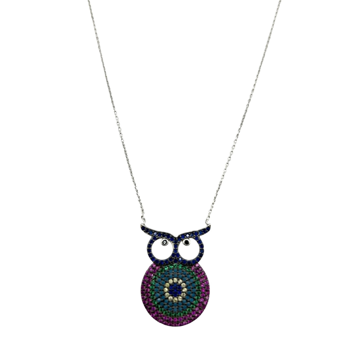 Sterling Silver CZ Multicolor Owl Womens Necklace