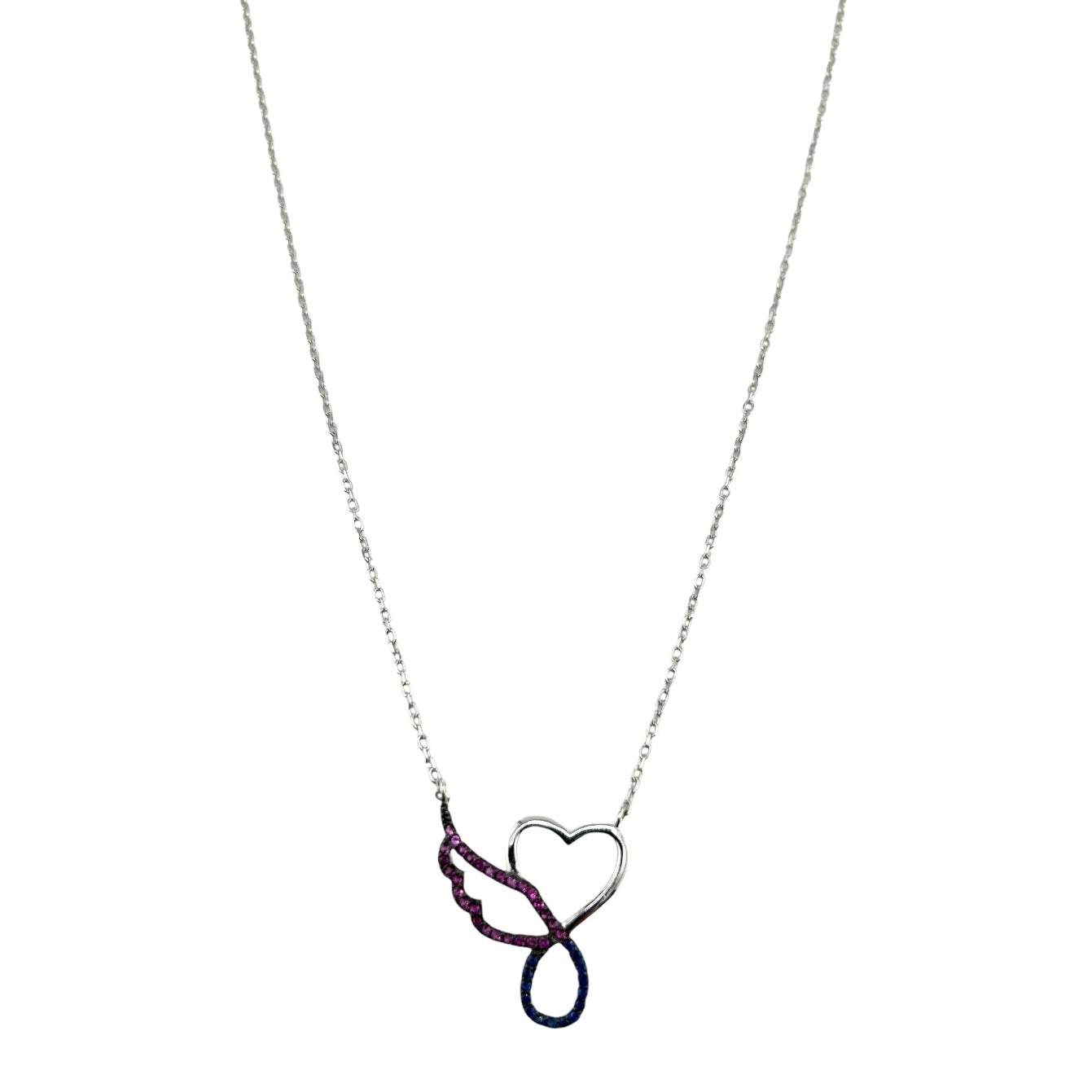 Sterling Silver CZ Multicolor Heart Wing Womens Necklace