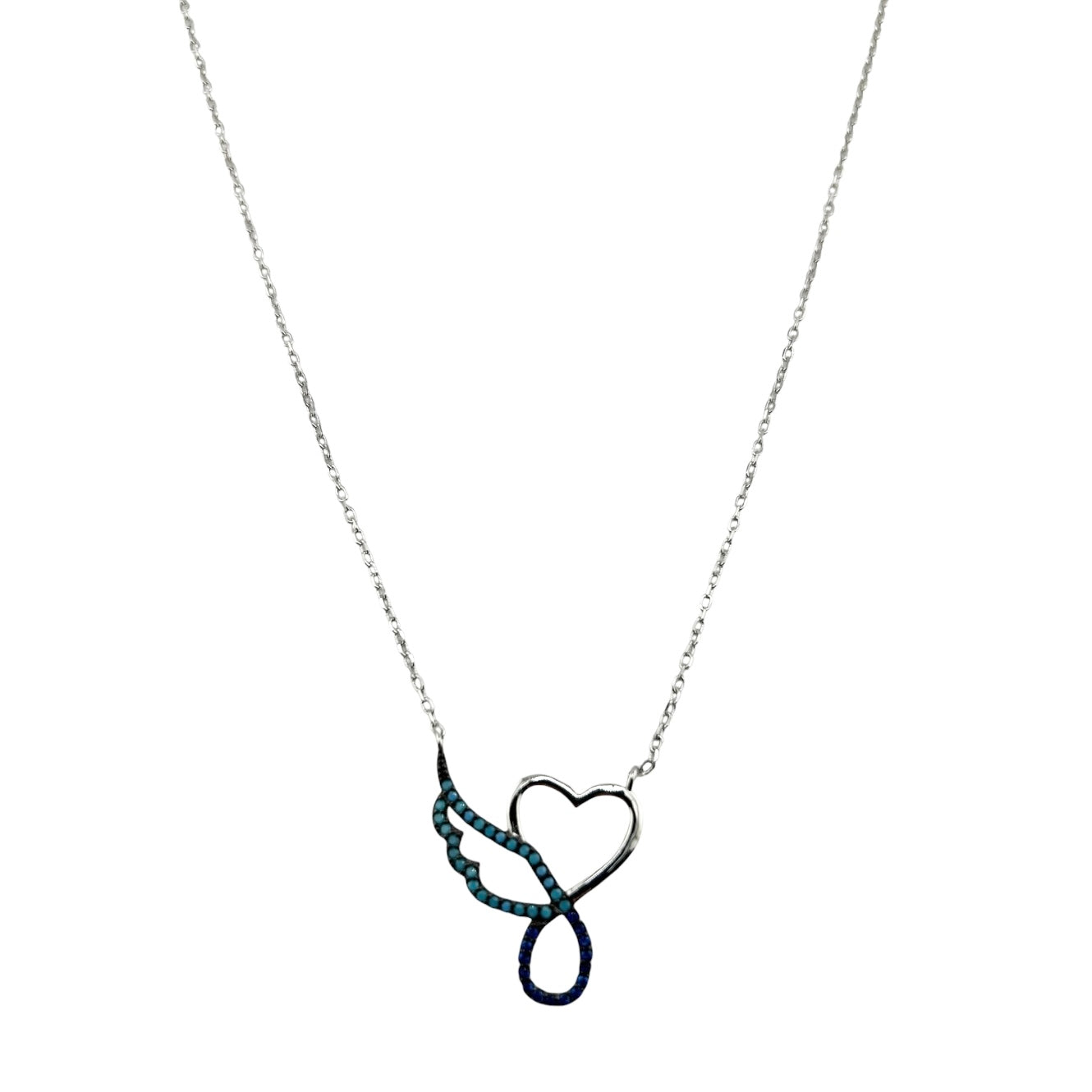 Sterling Silver CZ Turquoise Heart Wing Womens Necklace