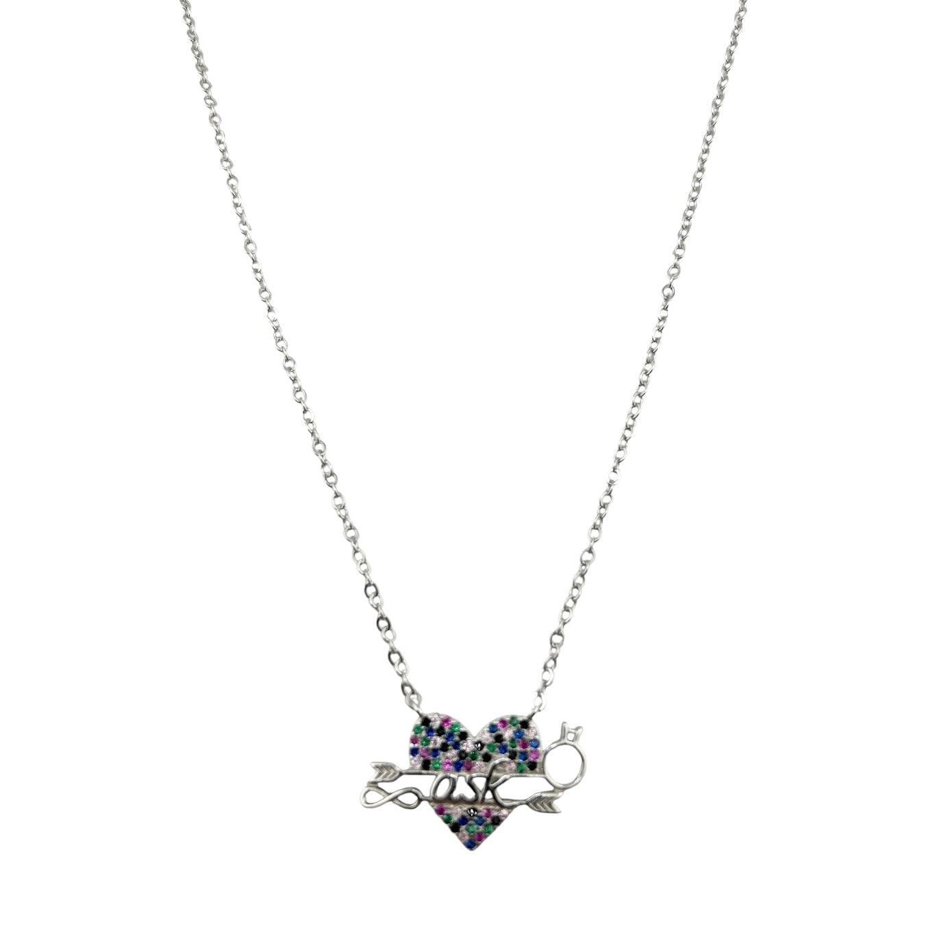 Sterling Silver CZ Multicolor Heart Womens Necklace