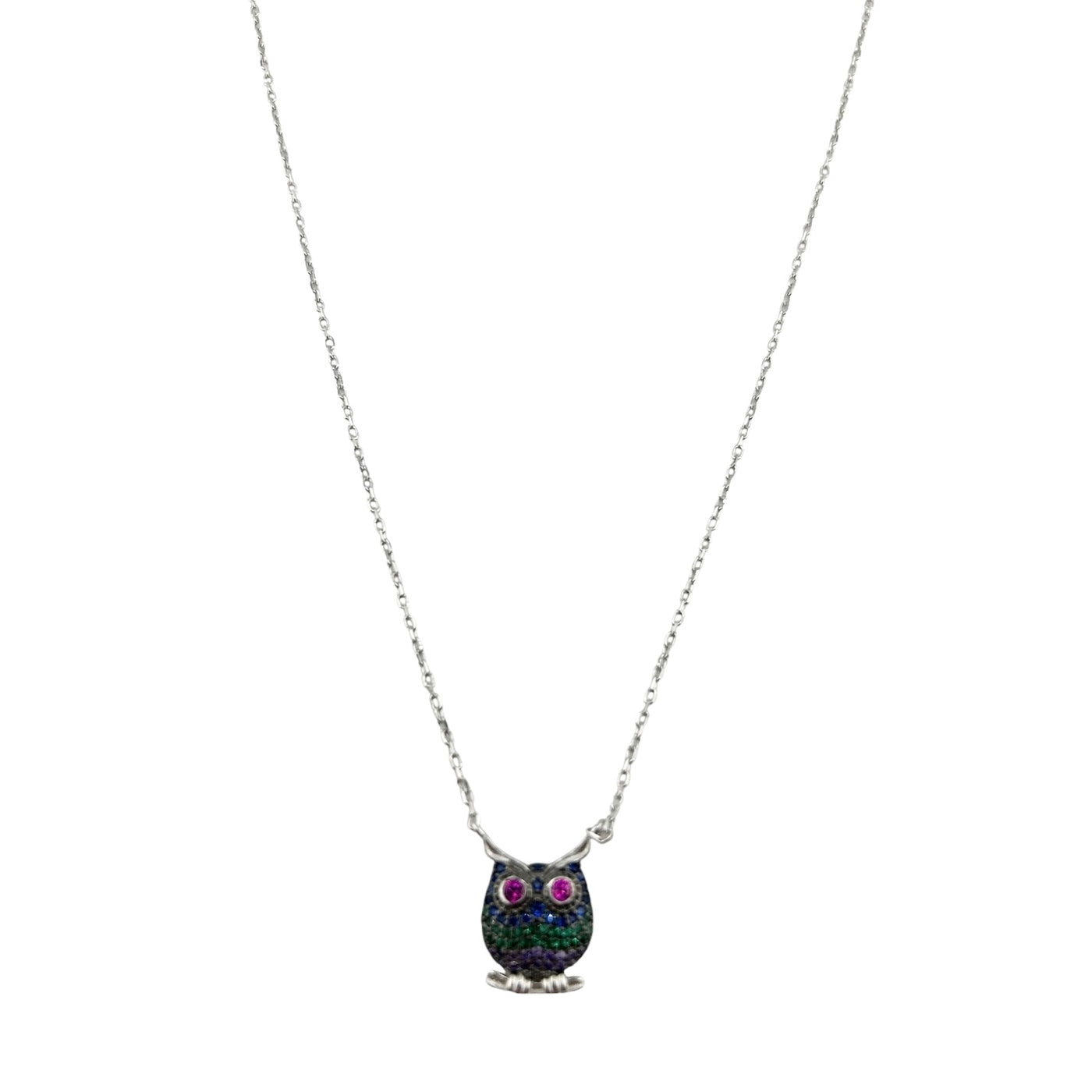 Sterling Silver CZ Multicolor Owl Womens Necklace