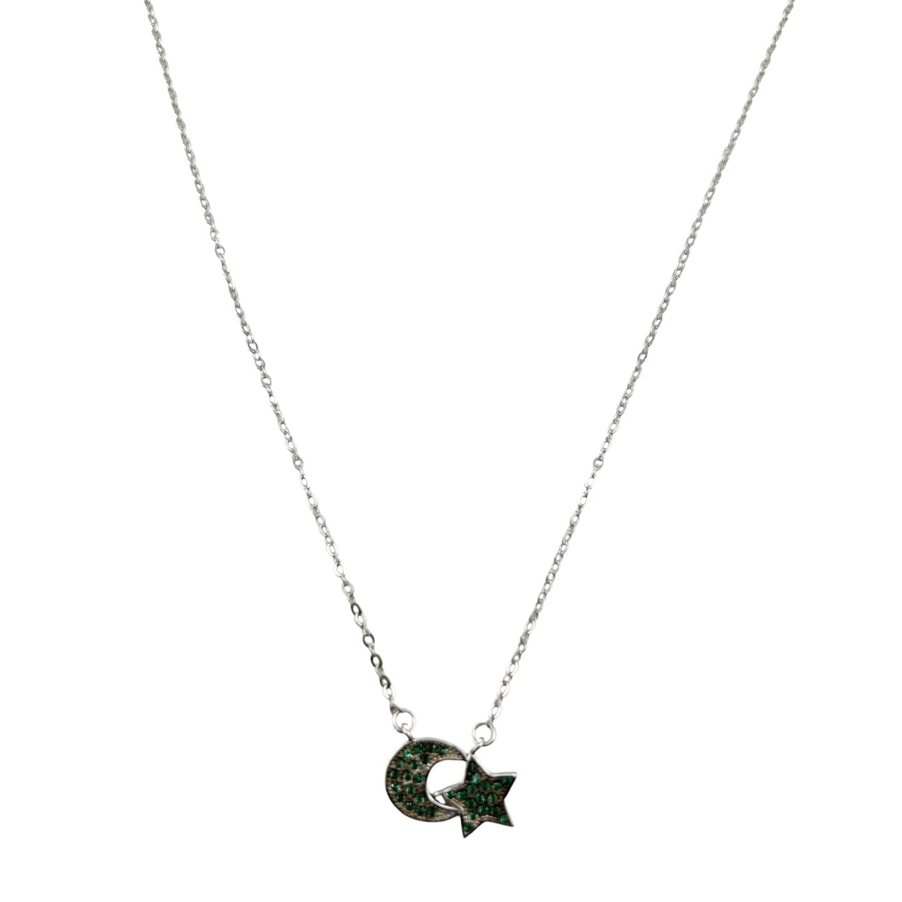 Sterling Silver CZ Green Crescent Star Womens Necklace