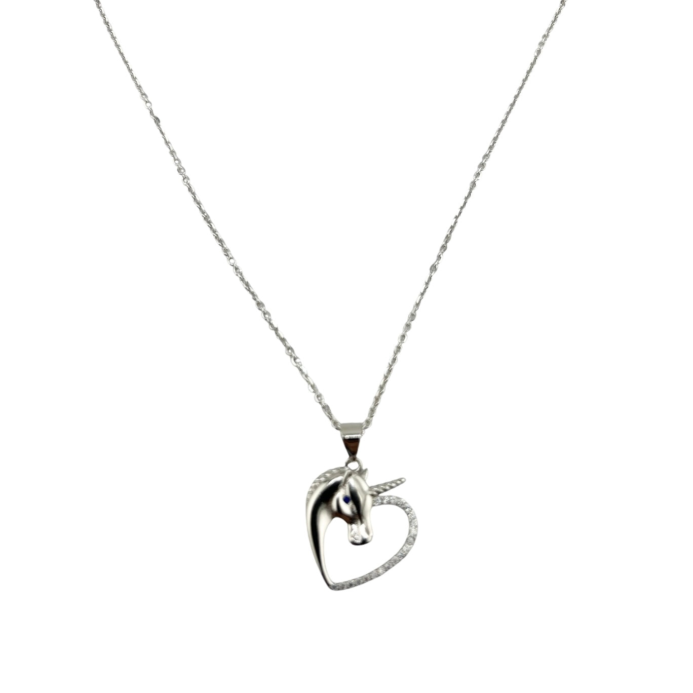 Sterling Silver CZ Unicorn Heart Womens Necklace