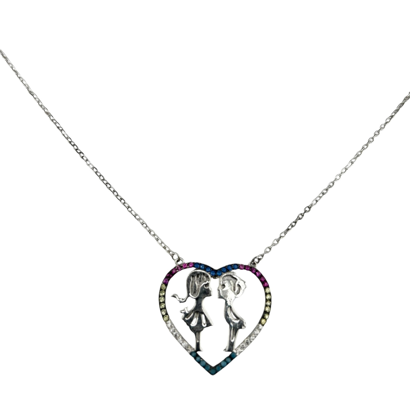 Sterling Silver CZ Multicolor Heart Womens Necklace