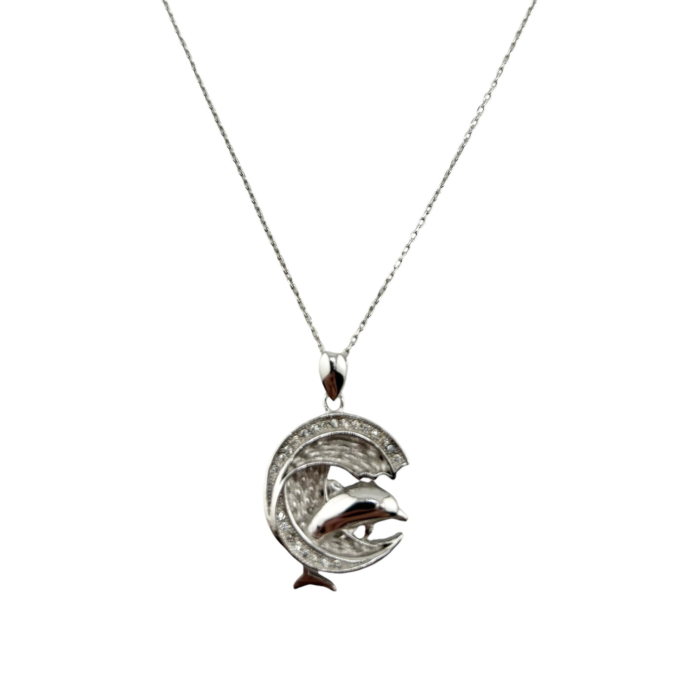 Sterling Silver CZ Dolphin Womens Necklace