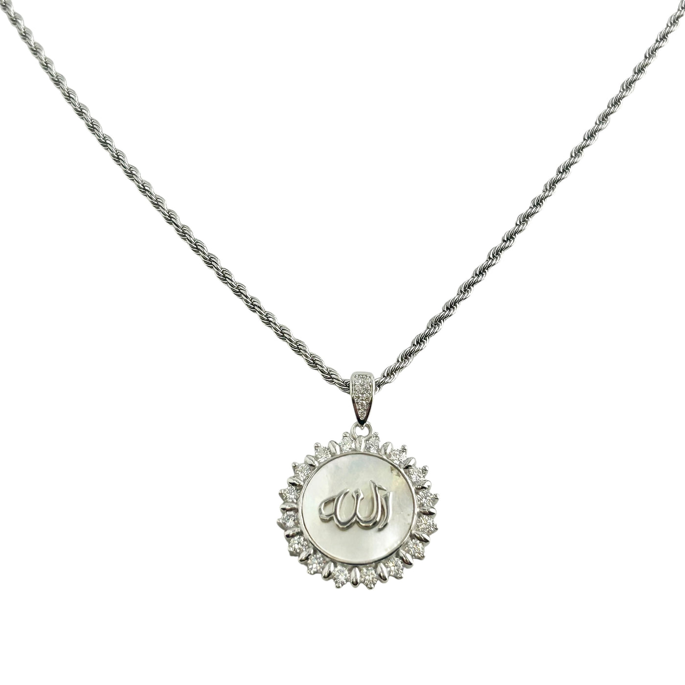 Sterling Silver Mother of Pearl CZ Allah Pendant Necklace