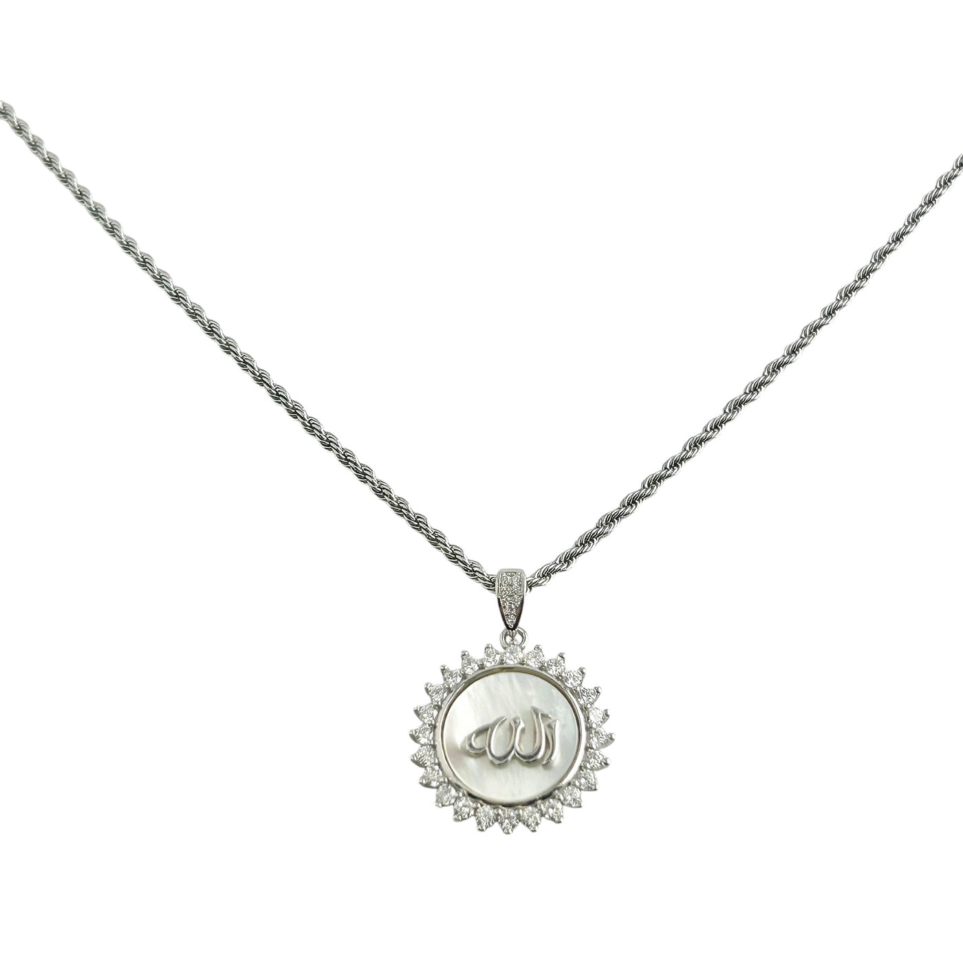 Sterling Silver Mother of Pearl CZ Allah Pendant Necklace