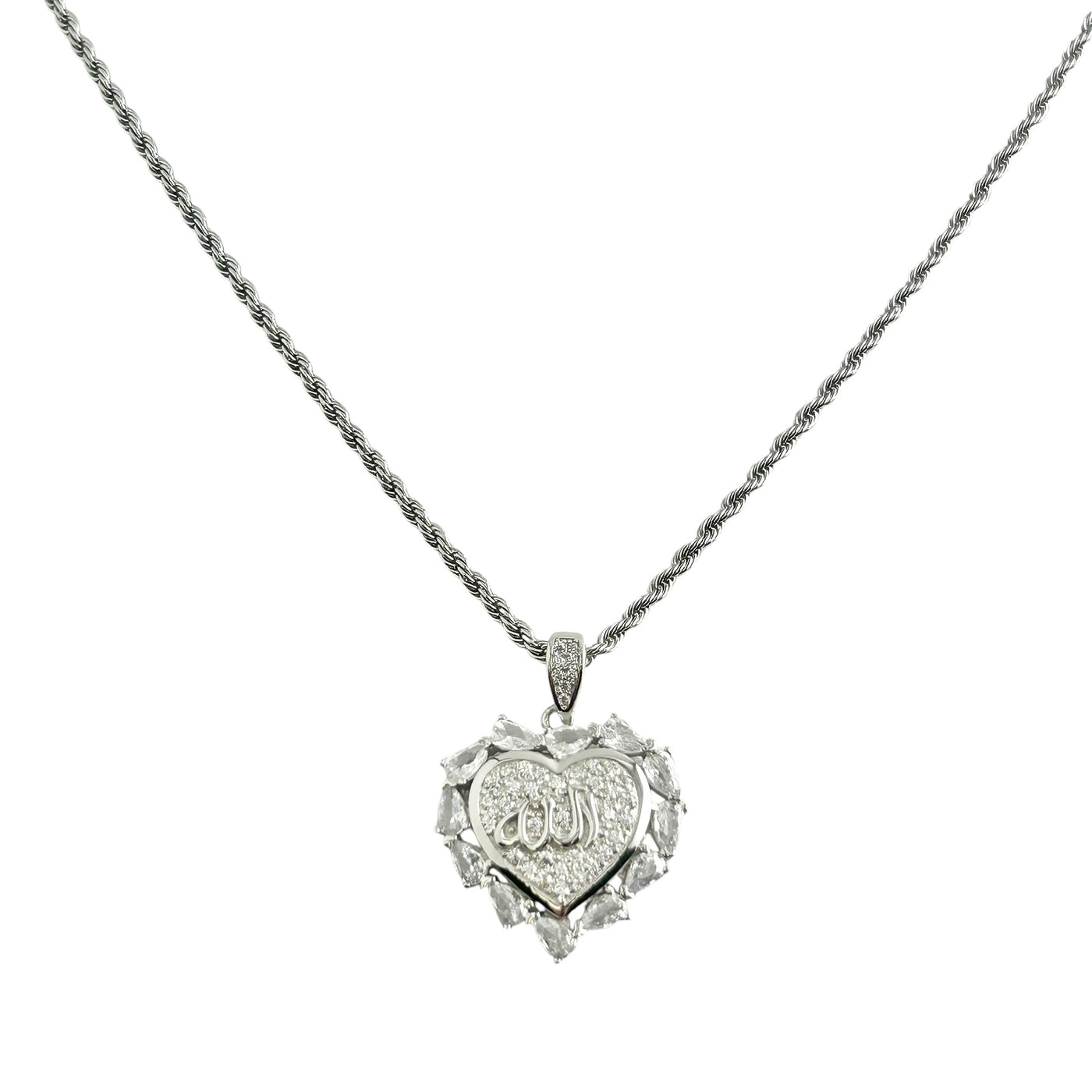 Sterling Silver CZ Allah Heart Pendant Necklace