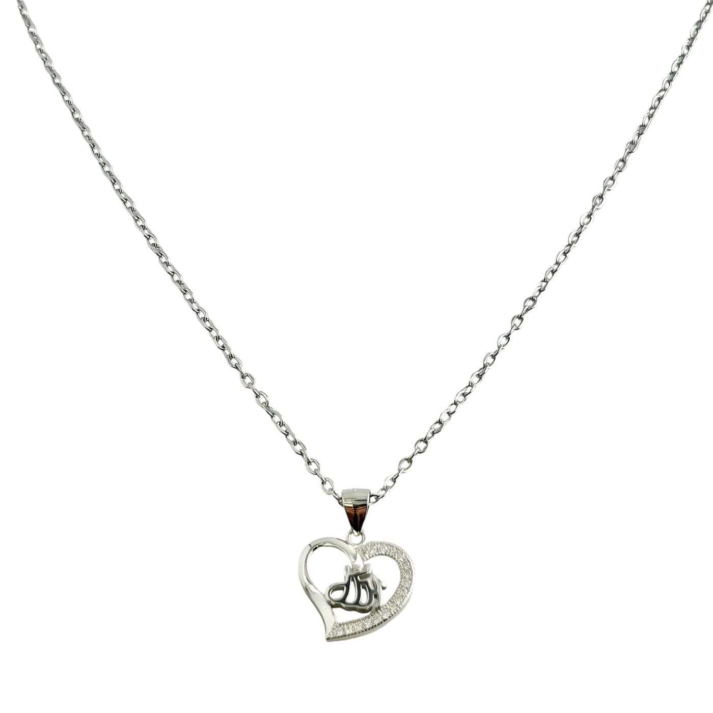 Sterling Silver CZ Allah Heart Pendant Necklace