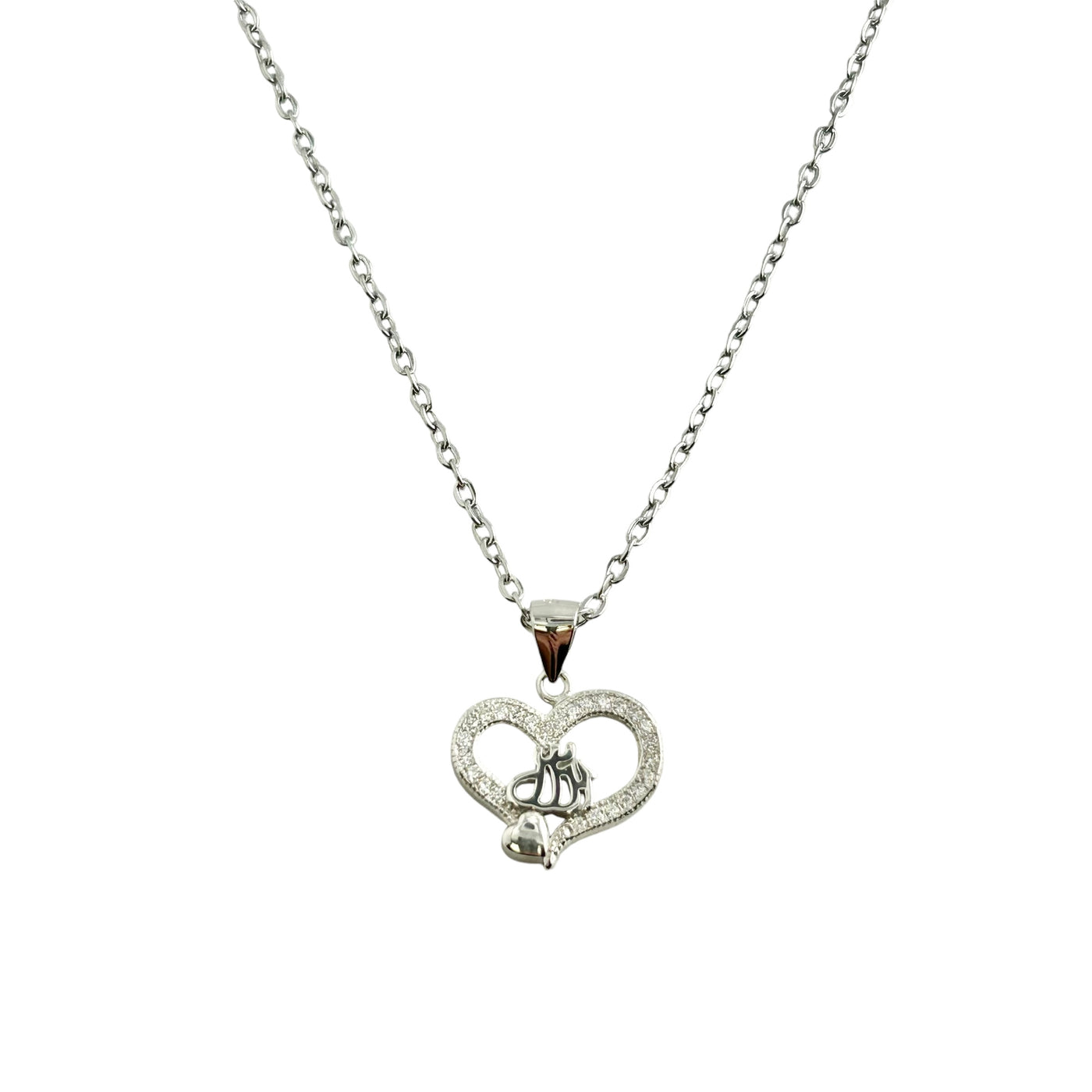 Sterling Silver CZ Allah Heart Pendant Necklace