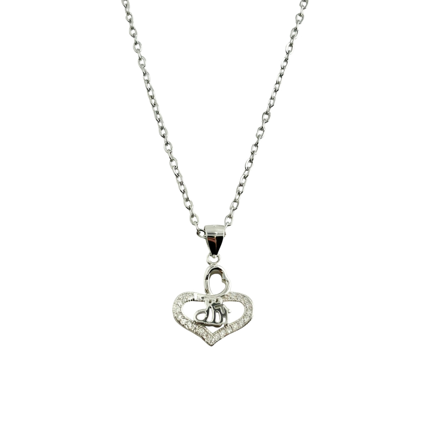 Sterling Silver CZ Allah Heart Pendant Necklace