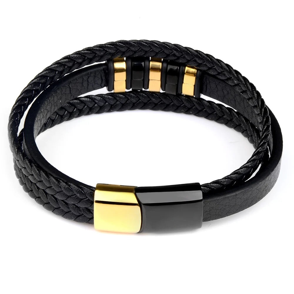 Mens Genuine Leather Stainless Steel Bracelet