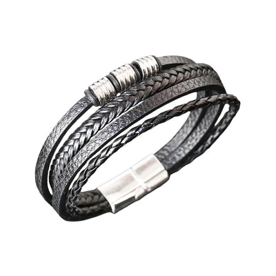 Mens Genuine Leather Stainless Steel Bracelet Magnetic Clasp