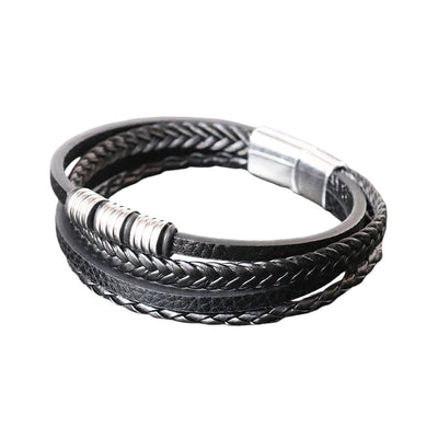 Mens Genuine Leather Stainless Steel Bracelet Magnetic Clasp