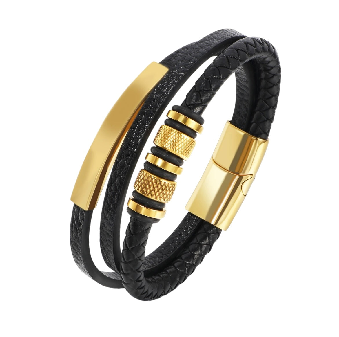 Mens Genuine Leather Stainless Steel Magnetic Clasps Bracelet