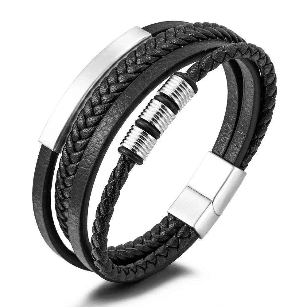 Mens Genuine Leather Stainless Steel Magnetic Clasps Bracelet