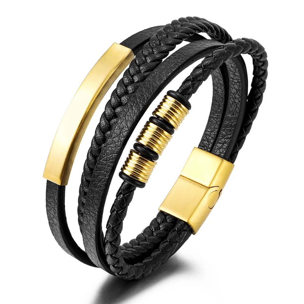 Mens Genuine Leather Stainless Steel Magnetic Clasps Bracelet