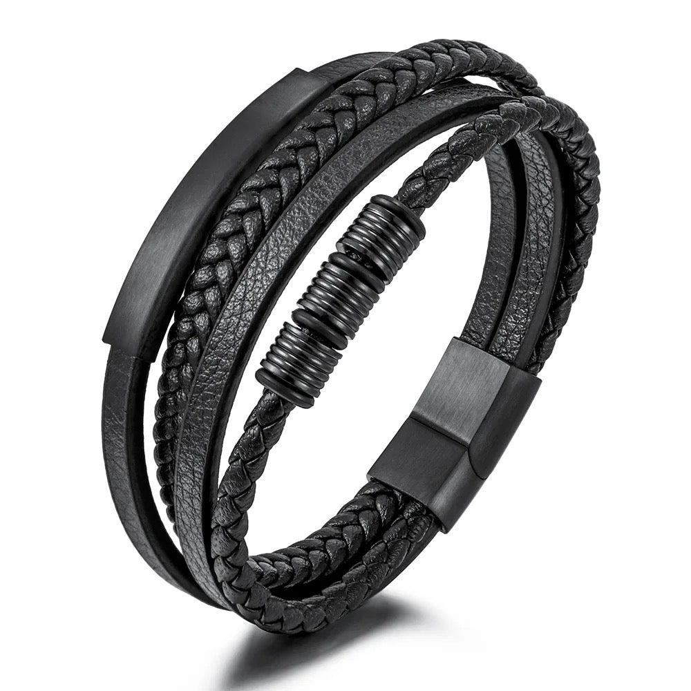 Mens Genuine Leather Stainless Steel Magnetic Clasps Bracelet