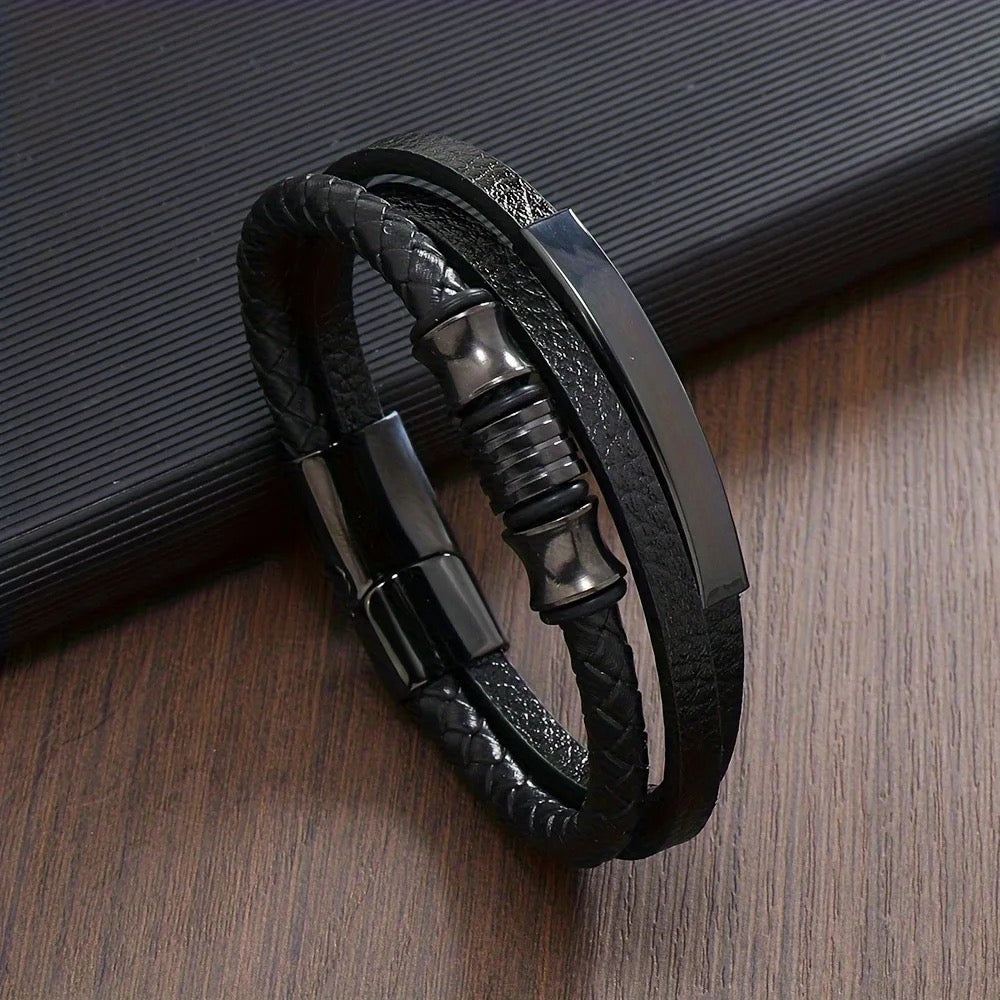 Mens Genuine Leather Stainless Steel Bracelet