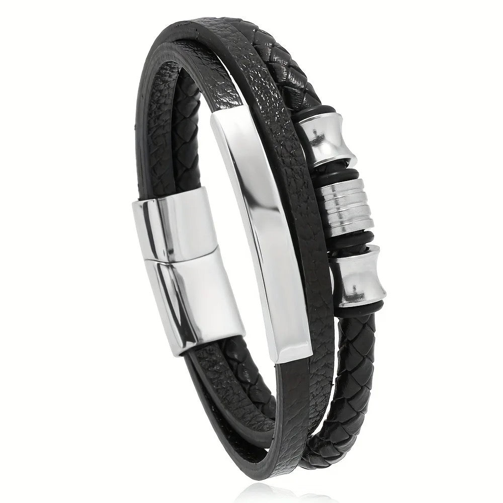 Mens Genuine Leather Stainless Steel Bracelet